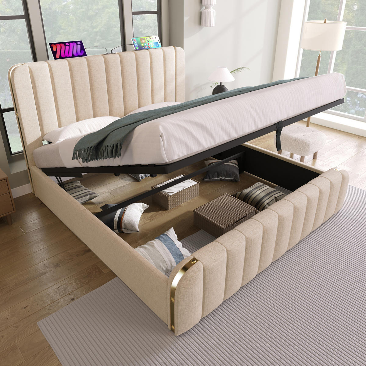 POLSTERBETT mit Stauraum und USB-Ladeanschluss 180x200 cm Leinen Beige - Beige, Metall (180/200cm) - Beauniv