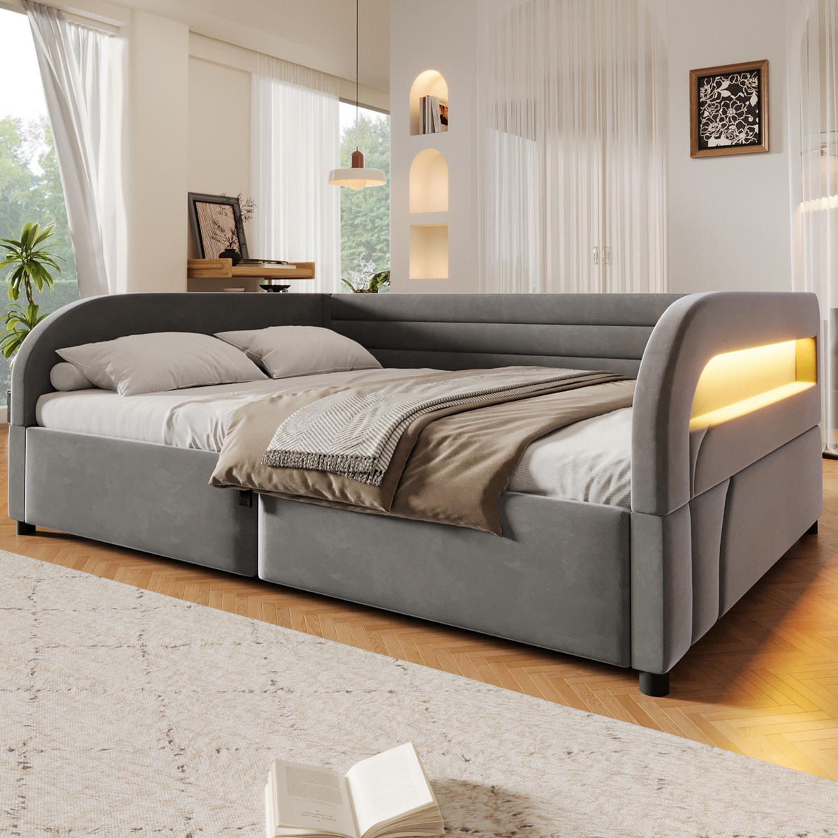 POLSTERBETT 140/200 cm in Grau mit Bettkasten und LED Stoff - Grau, Holzwerkstoff/Textil (140/200cm) - STILVORA