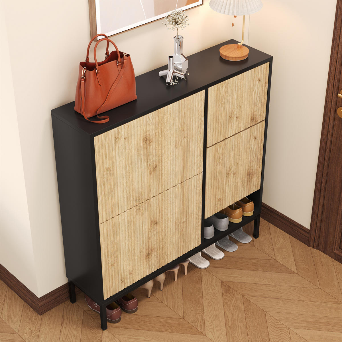 SCHUHSCHRANK geriffeltes Türdesign mit Sitzbank und flexibler Innenaufteilung stabil funktional - Schwarz/Naturfarben, Holzwerkstoff/Metall (100/100/25cm) - EVRYAE