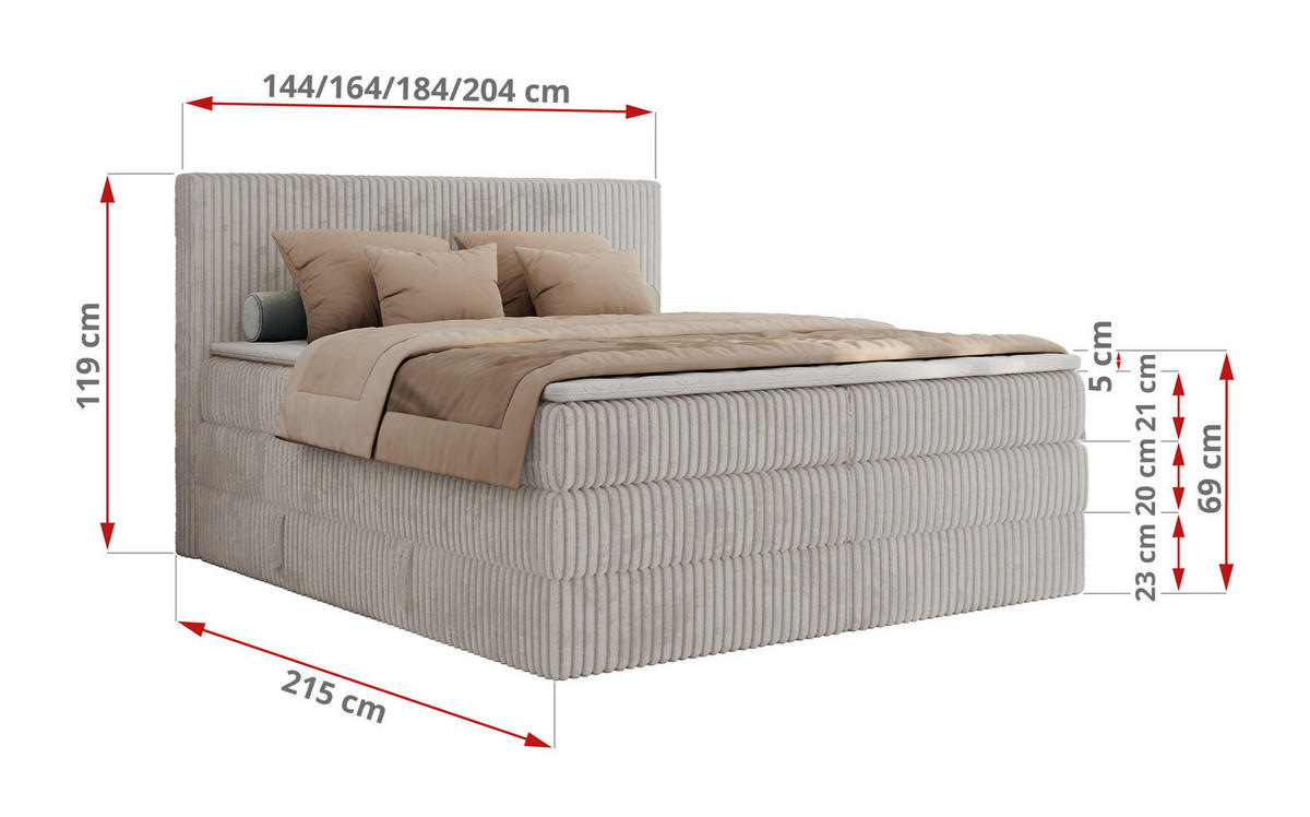 BOXSPRINGBETT TILIANO KING - 200/200 - Hellgrau Cord - H3 - Hellgrau, Holz/Textil (200/200cm) - MKS