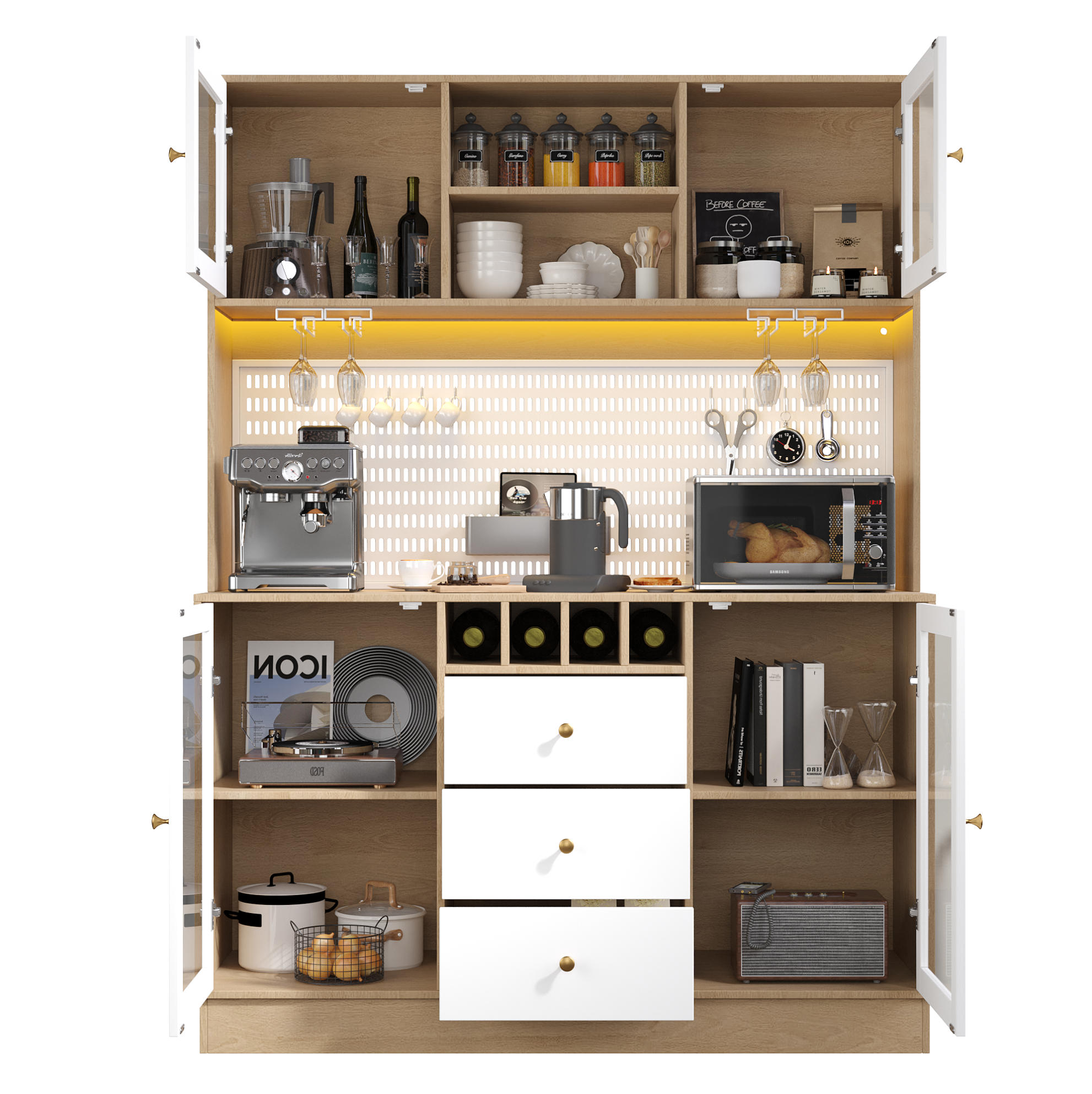 HIGHBOARD in Weiß Küchenschrank mit LED-Lichtleiste und Schubladen für Küche und Wohnzimmer, B140/T40/H185.7 cm - Transparent/Weiß, Glas/Holzwerkstoff (140/185.7/40cm) - STILVORA