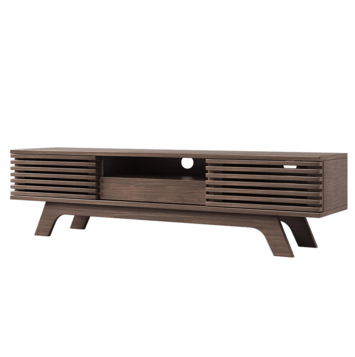 TV-LOWBOARD aus Spanplatte 150x35x44 cm Natur mit 2 Türen, Schublade und Kabeldurchführung im Vintage-Lamellendesign - Hellbraun, Holzwerkstoff (150/44/35cm) - Modfu