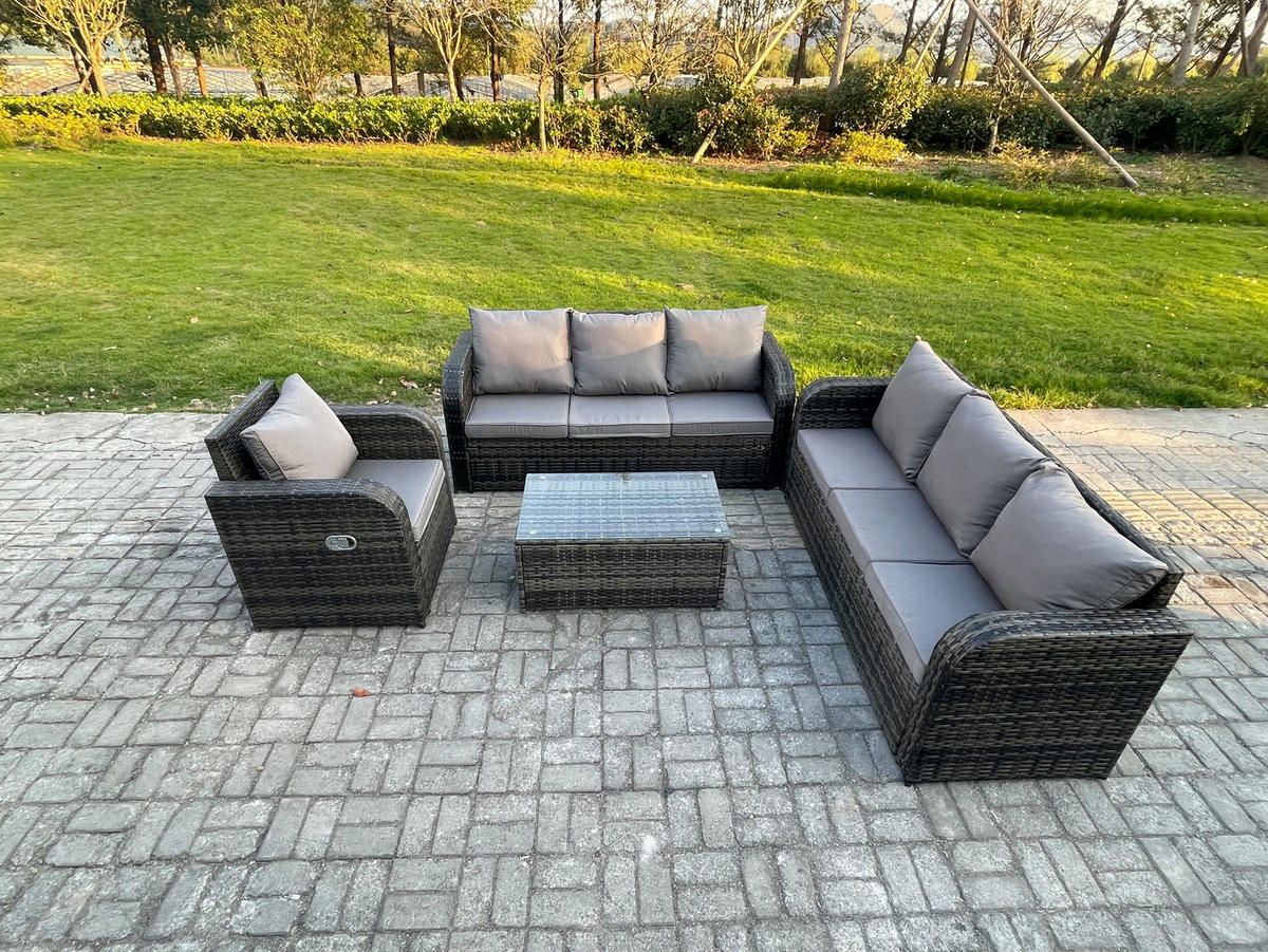 GARTENMÖBEL-SET mit Kissen Polyrattan Dunkelgrau 7-Sitzer - Dunkelgrau/Grau, Glas/Kunststoff - Fimous