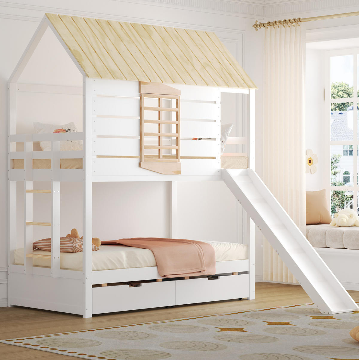 ETAGENBETT 90/200 cm weiß aus Kiefer und MDF mit Rutsche und 2 Schubladen - Weiß, Holzwerkstoff (90/200cm) - OKWISH