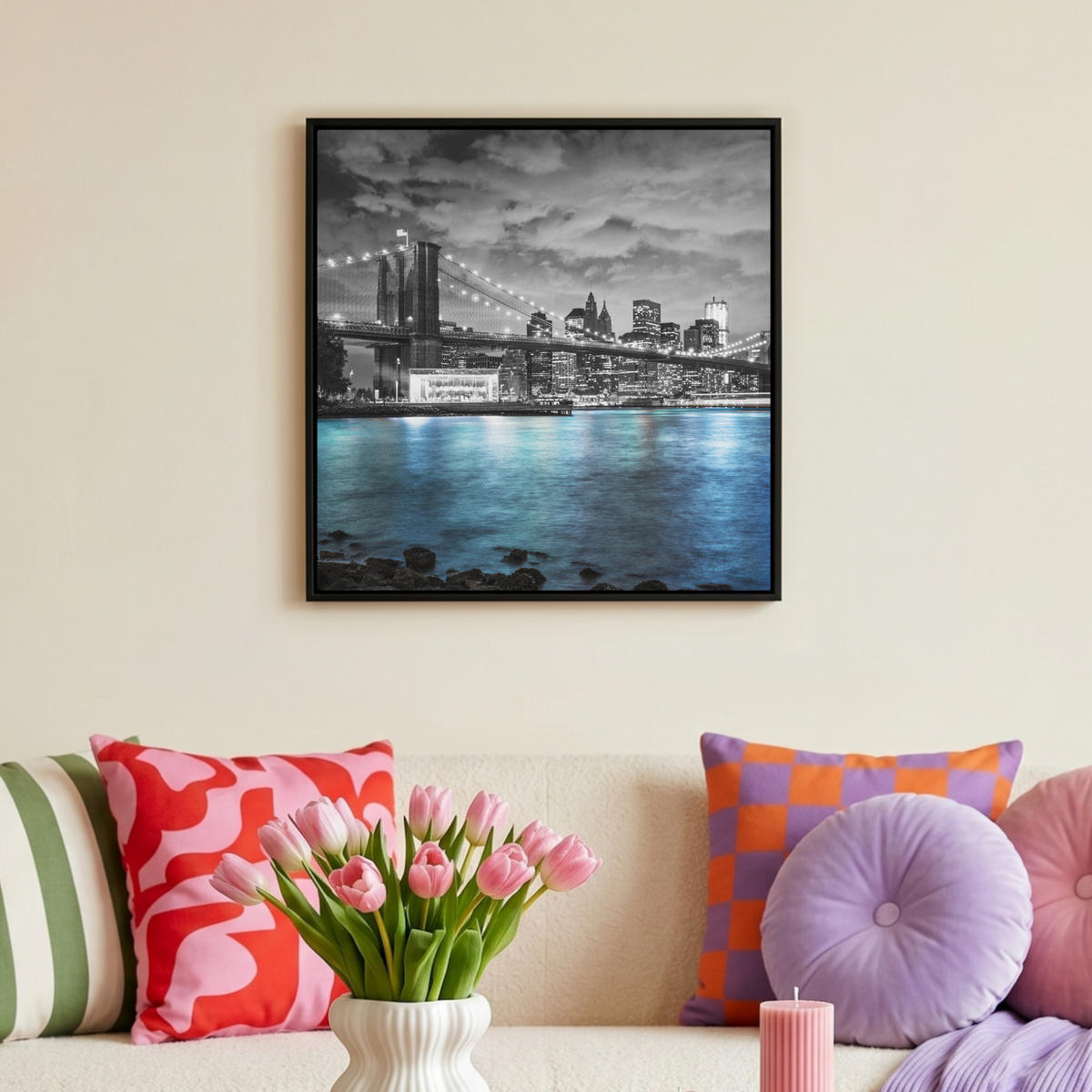LEINWAND Bilder mit Rahmen - New York - Skyline - Stadt - Blau - 50x50 - Blaugrau, Textil (50/50cm) - MuchoWow