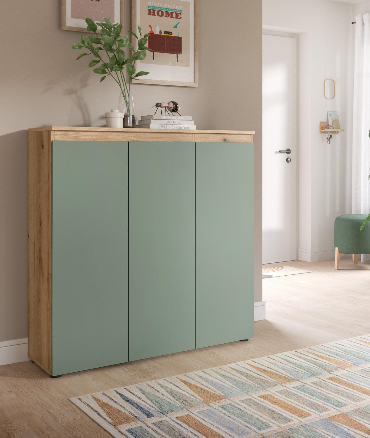 KOMMODE grün, Evoke Eiche 105 x 11 cm, Anrichte mit 10 Fächern - Eichefarben/Schwarz, Holzwerkstoff/Kunststoff (105/111/37cm) - Inn.Furn