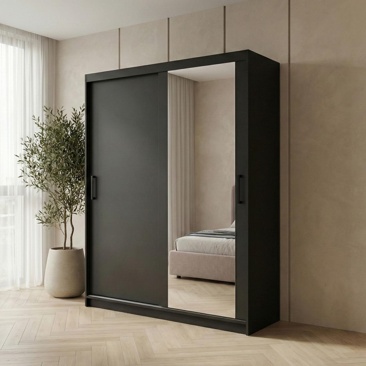 SCHWEBETÜRENSCHRANK Hela 160/205/60 2-türig schwarz mit Schubkasteneinsatz - Schwarz, Holzwerkstoff (160/205/60cm) - Beautysofa