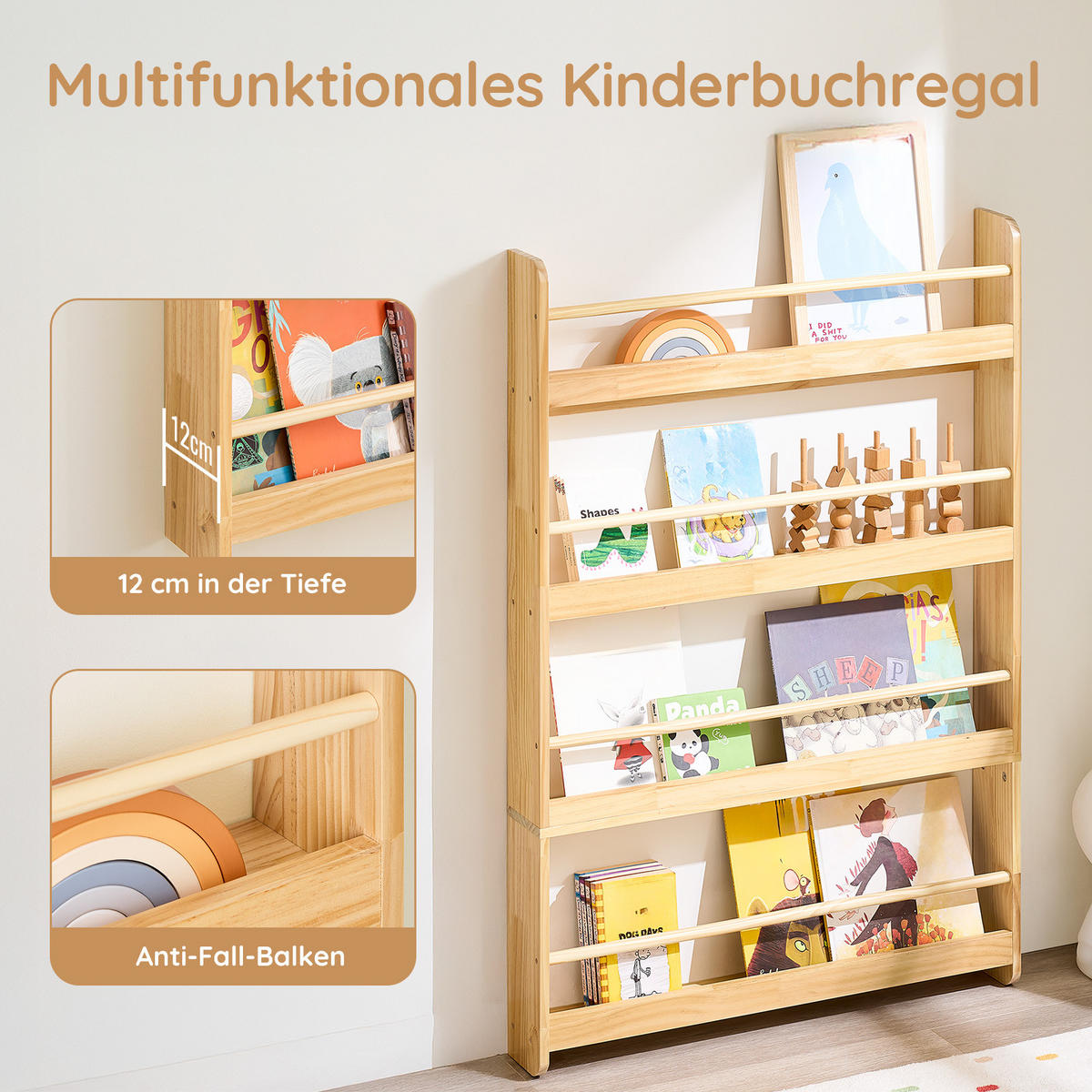 BÜCHERREGAL für Kinder mit 4 Ablagen, Kiefer - Naturfarben, Holz (80/118/12cm) - SoBuy