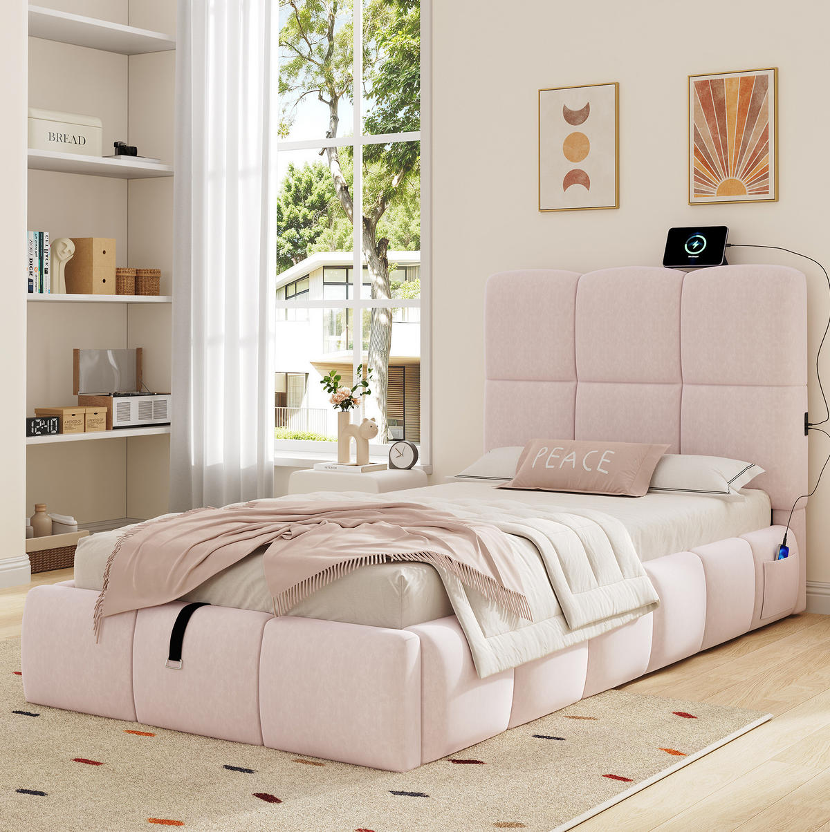 POLSTERBETT 90/200 cm mit Lattenrost, hydraulischem Stauraum und USB-C-Anschluss, Rosa - Pink, Textil (90/200cm) - Redom