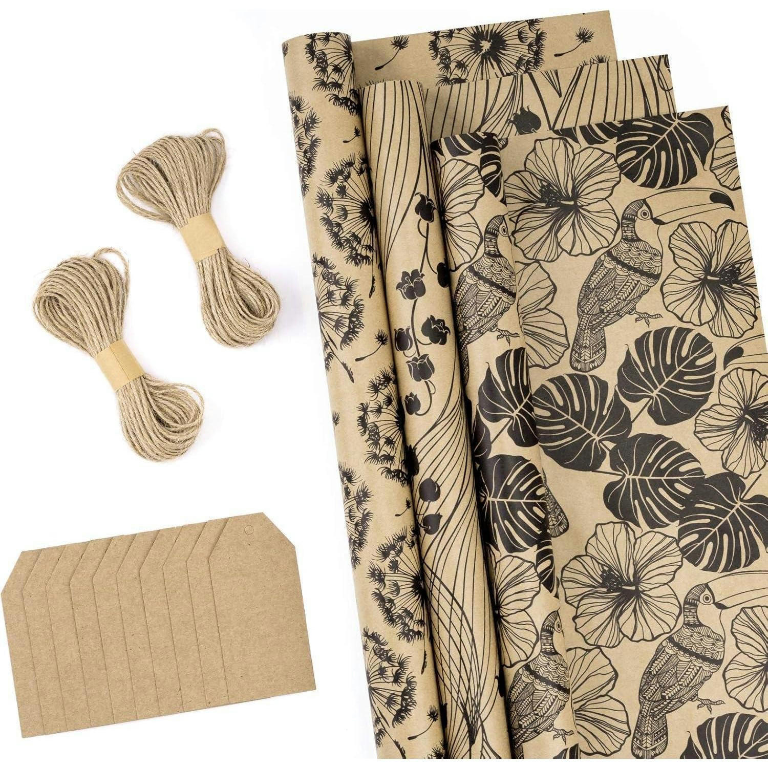 GESCHENKPAPIER 3 Rollen Set Blumen Schwarz 43 cm x 3 m - Multicolor, Papier (43/1/300cm)