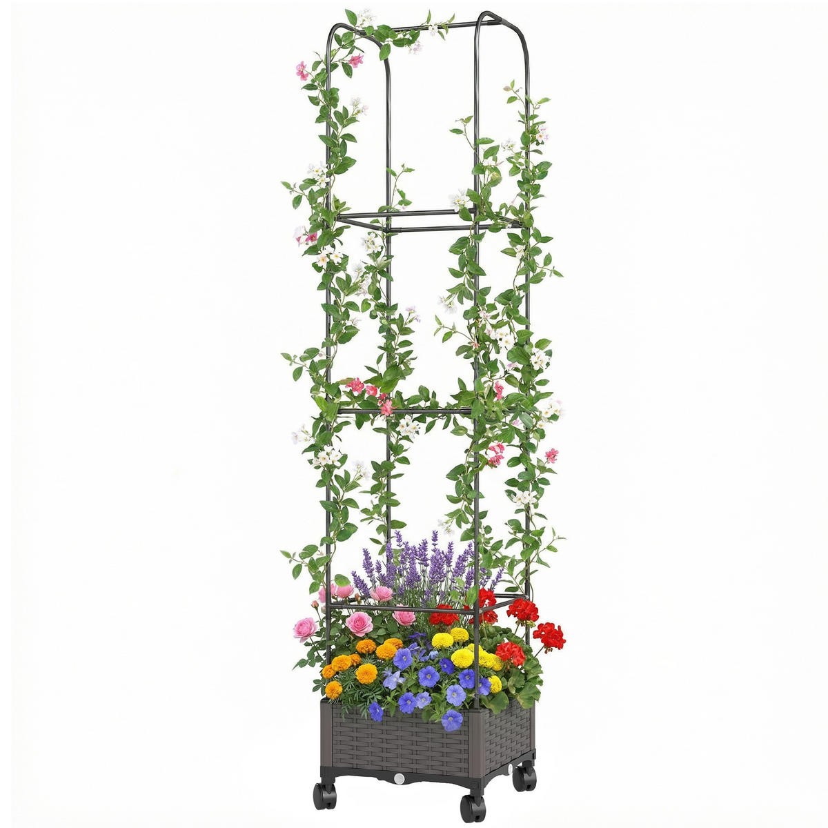HOCHBEET DE-05421 Mit Rankgitter & Rollen, Rattan-Look Braun - Schwarz, Metall (40/185/40cm) - ComfortXL