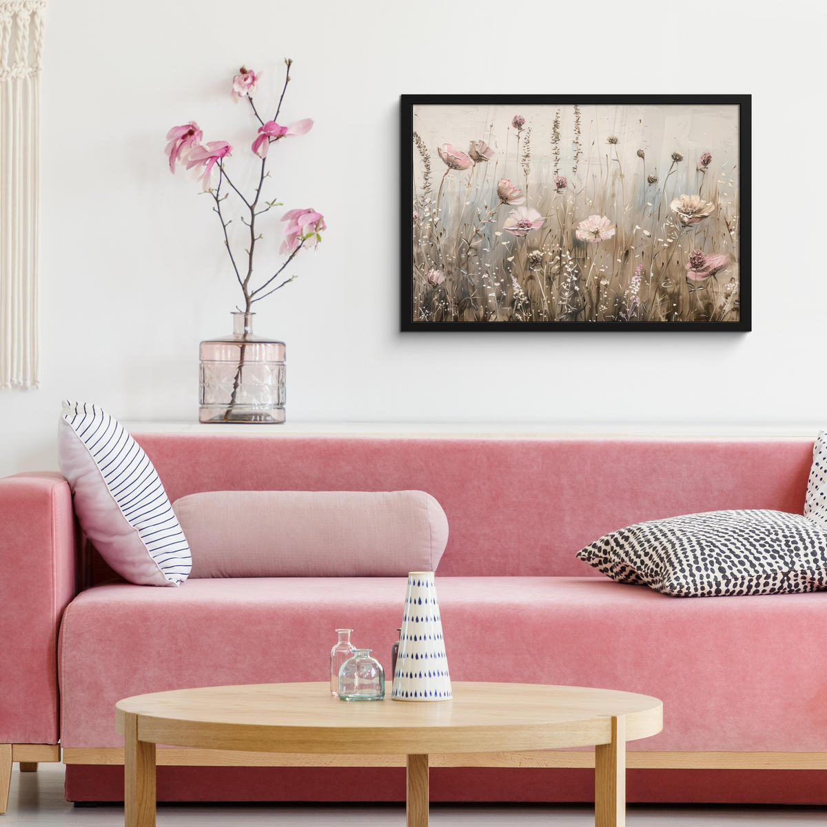 POSTER MIT RAHMEN Blumen - Rosa - Modern - Beige 60x40 cm - Beige, Papier (60/40cm) - MuchoWow