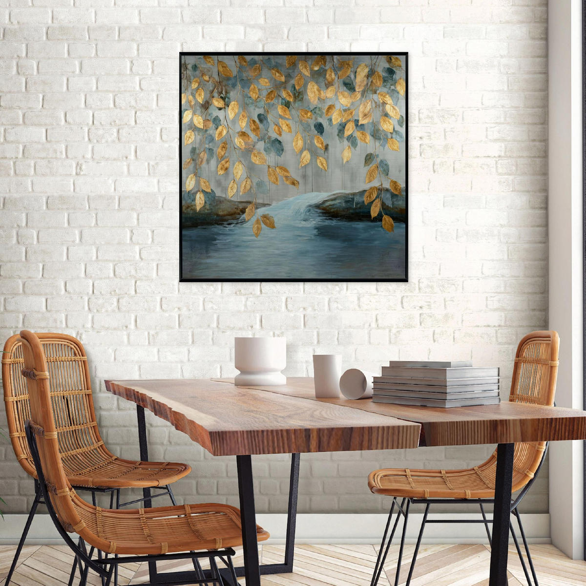 BILDER mit Rahmen Blätter Hängend Golden 50x50 cm - Multicolor, Metall (50/50cm) - Wallarena