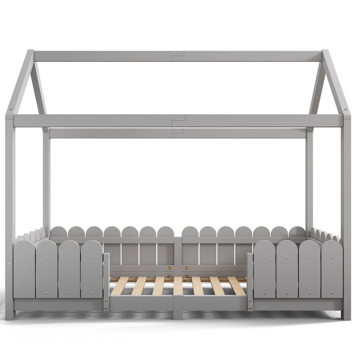 HAUSBETT 90/200 cm Grau aus Massivholz mit Rausfallschutz und Lattenrost - Grau, Holz (90/200cm) - Flora Grace