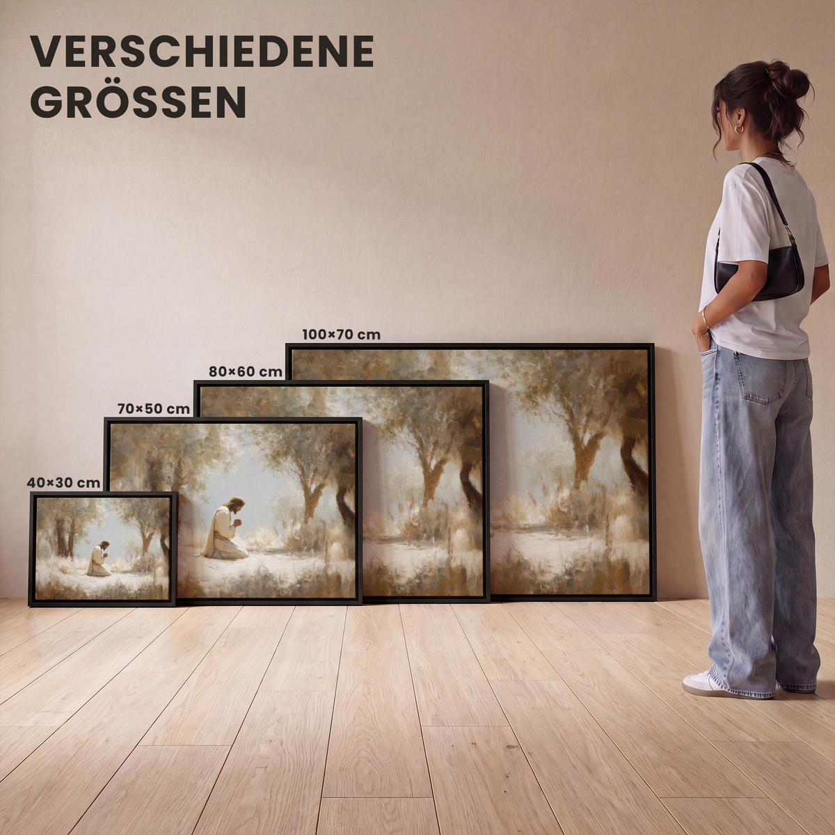 LEINWAND Bilder mit Rahmen - Jesus - Kniend - Waldlandschaft - Betend - 100x70 - Beige, Textil (100/70cm) - MuchoWow