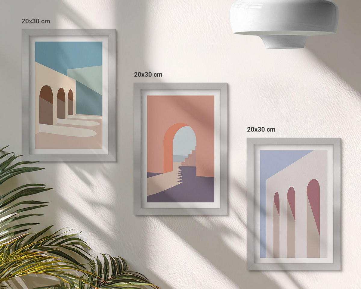 WANDBILDER 3er Set - 20x30 cm Silberner Rahmen - Architekturgrafiken in Pastellfarben - Silberfarben, Kunststoff (20/30cm) - ArtPrintCave