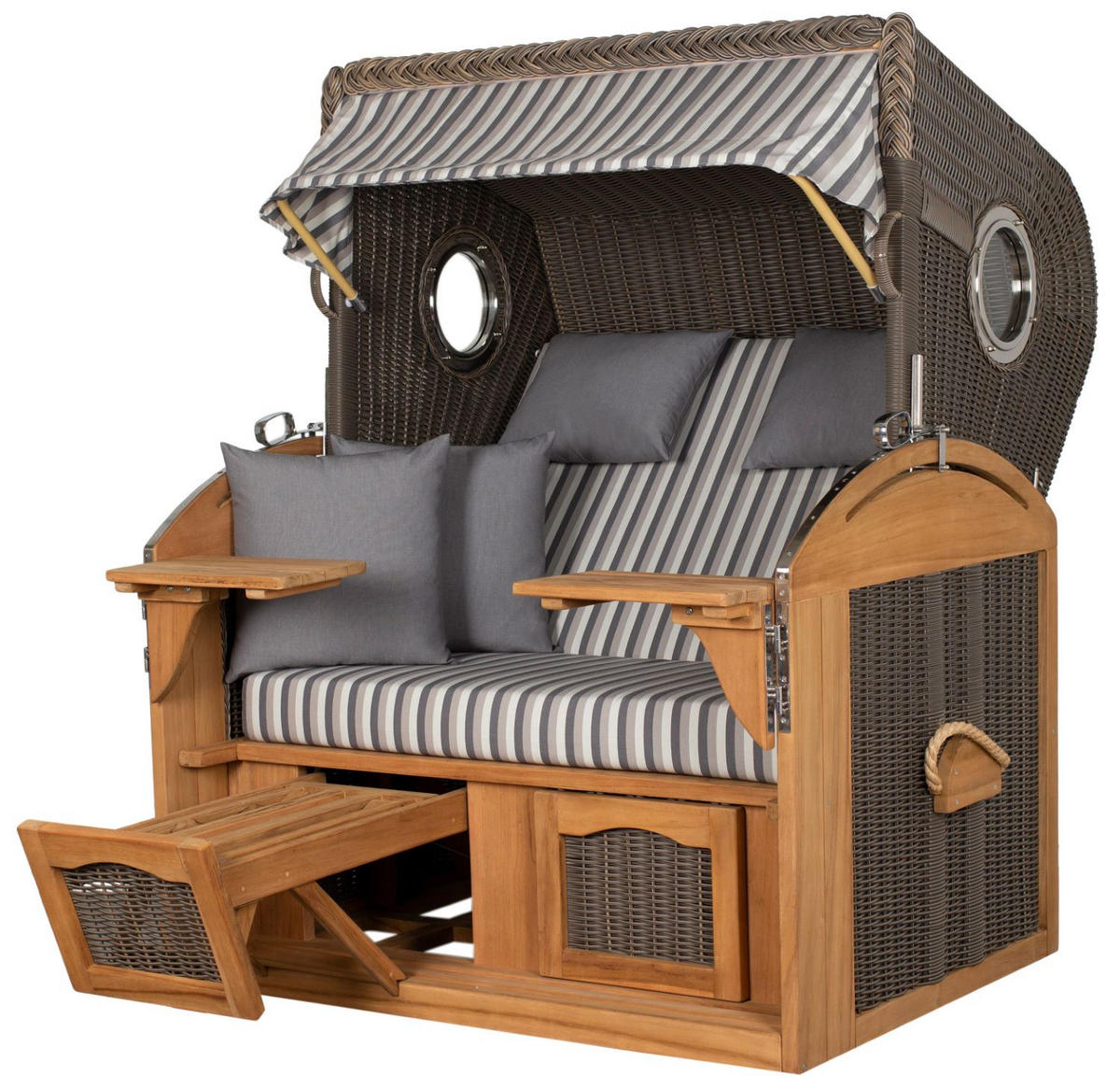 STRANDKORB Komplettset: Borkum XL Teak Bullauge - PE grau - Modell 545 - Grau, Holz/Kunststoff (142/170/95cm) - bene living