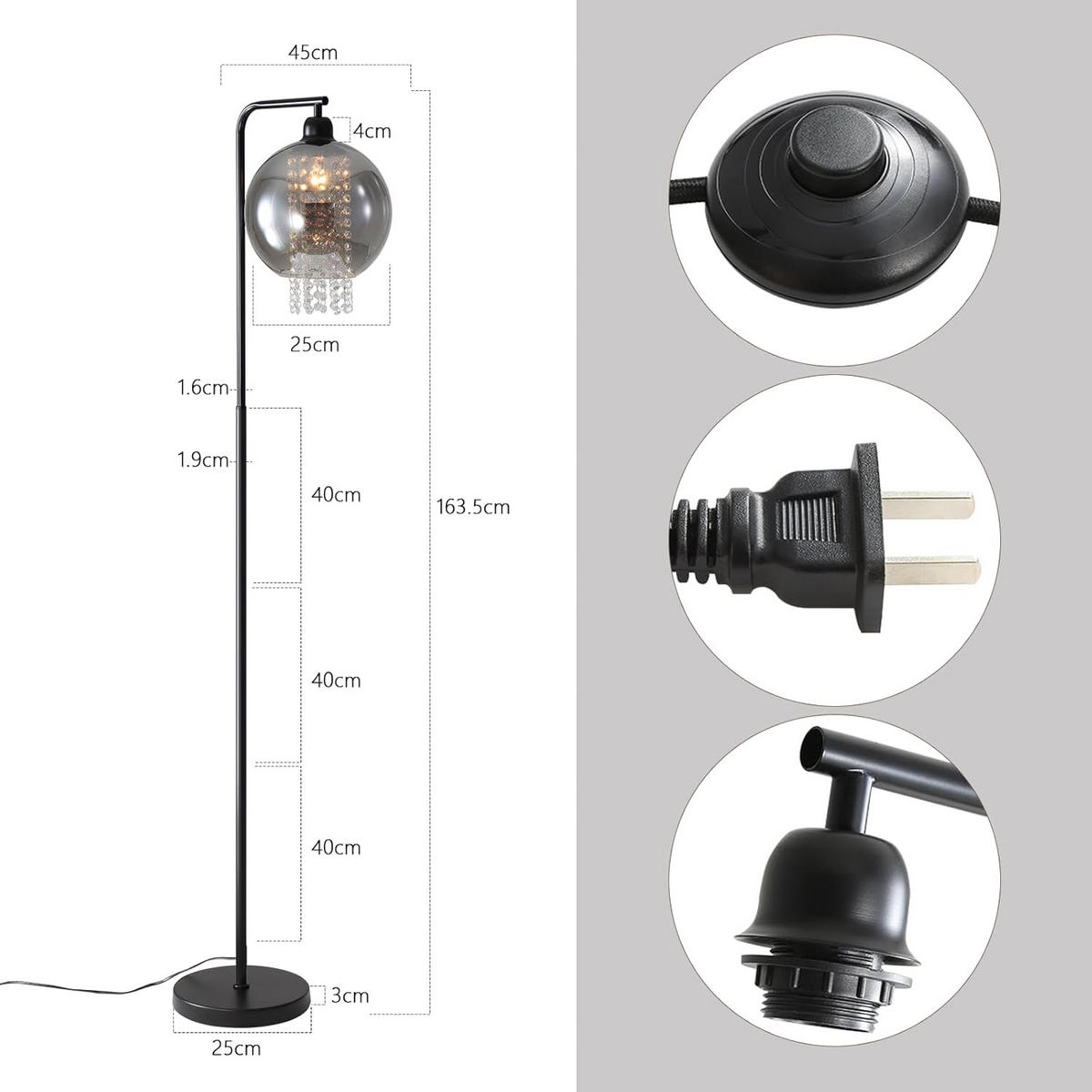 STEHLAMPE Jyxqa 45.0/25.0/163.5 cm - Schwarz, Metall (45/25/163.5cm) - ZMH