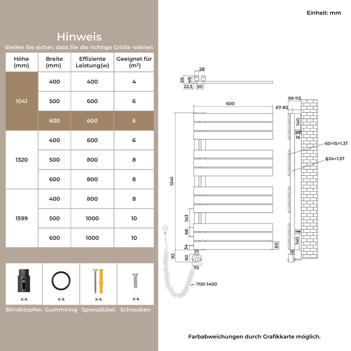 HANDTUCHHEIZKÖRPER 104,1/60 cm anthrazit elektrisch 600 W mit WLAN-Thermostat - Anthrazit, Metall (60/104/5.9cm) - S'AFIELINA