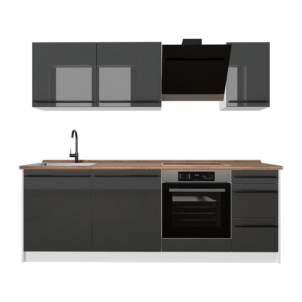 KÜCHENZEILE R-Line, Anthrazit Hochglanz/Weiß, 220 cm Arbeitsplatte Goldkraft Eiche - Schwarz Hochglanz/Weiß, Holzwerkstoff (220/81.6/60cm) - Vicco