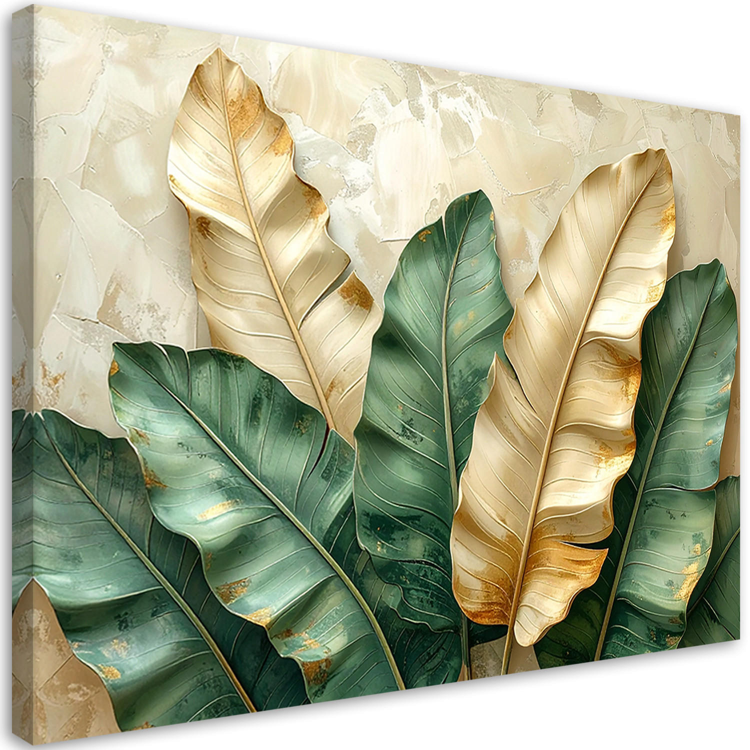 WANDBILD, Grüne und beige tropische Blätter (3D) - Grün, Textil (90/60cm) - Feeby