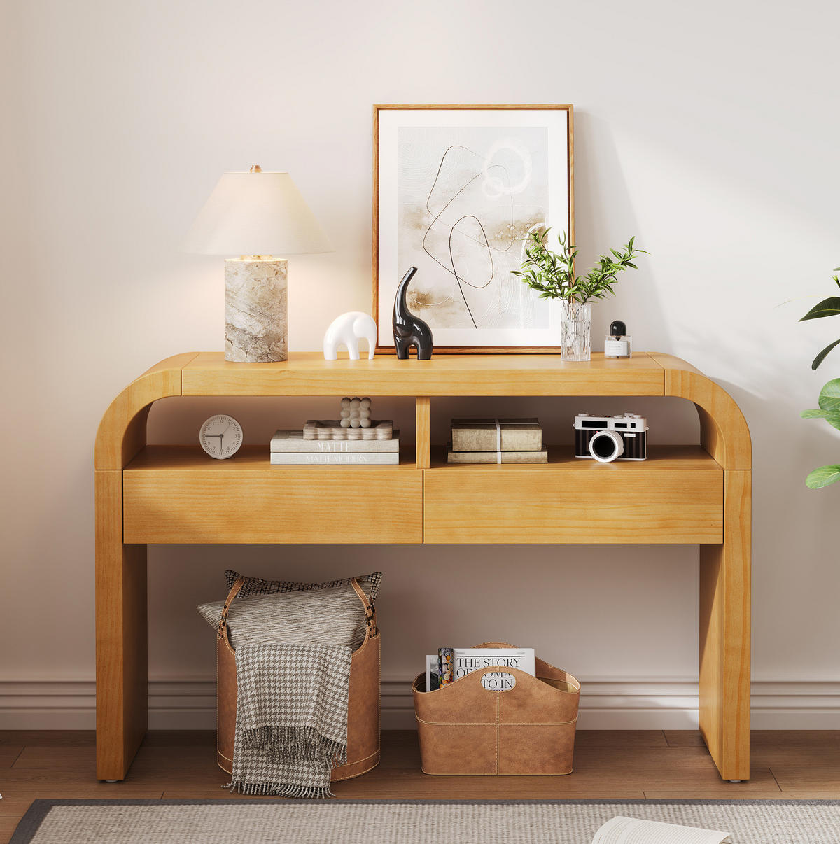 KONSOLENTISCH 120/35,5/76,5 cm natur aus MDF mit 2 Schubladen und verstellbaren Stellfüßen - Naturfarben, Holzwerkstoff (120/35.5/76.5cm) - OKWISH