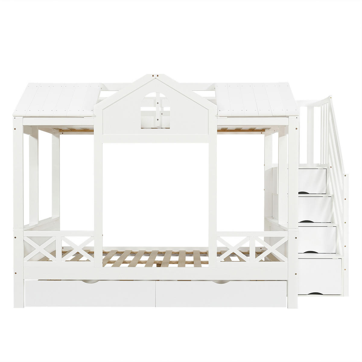 ETAGENBETT 90x200cm & 140x200cm, Treppenhausschrank mit 4 Staufächern, Weiß - Weiß, Holz (140/200cm) - KOMHTOM