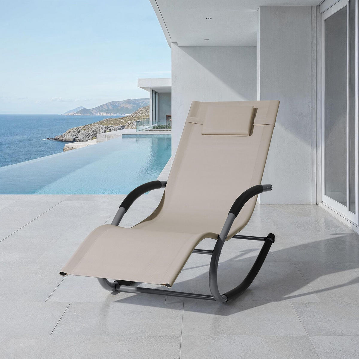 GARTENLIEGE Taya,abnehmbares Kopfpolster, seitliche Aufbewahrungstasche,beige - Beige, Kunststoff (62/92/142cm) - tectake