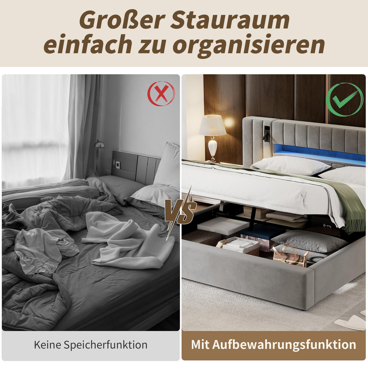 POLSTERBETT 180/200 cm Grau aus Samt mit Stauraum, LED-Beleuchtung und USB - Grau, Textil (180/200cm) - Flora Grace