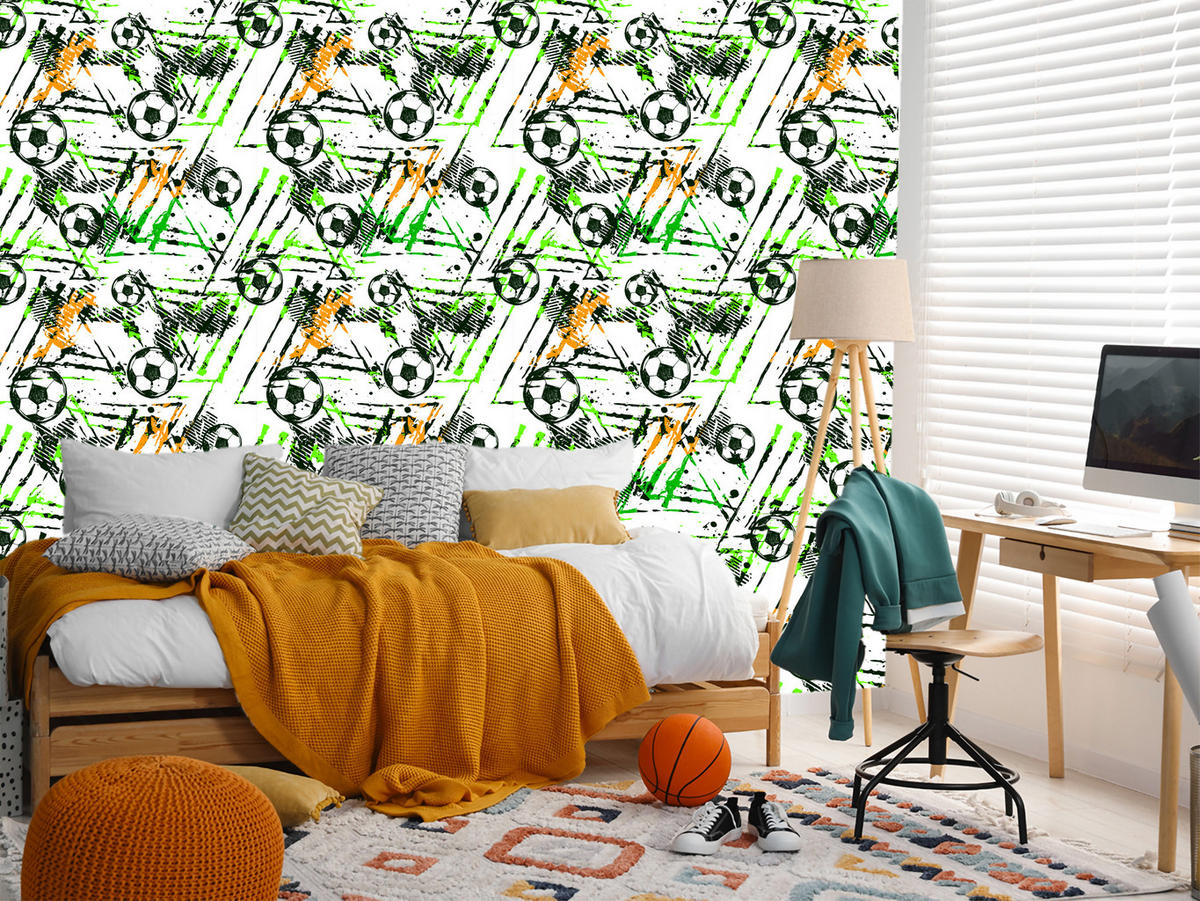 VLIESTAPETE Fußball-Graffiti – Grün, Schwarz, Weiß – 50x1000 cm - Schwarz/Weiß, Papier (50/1000cm) - Muralo