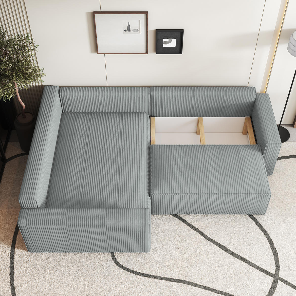 ECKSOFA ERONIS L-S Schwarz Kordstoff mit Schlaffunktion - Schwarz, Holz (265/194cm) - MASSENO