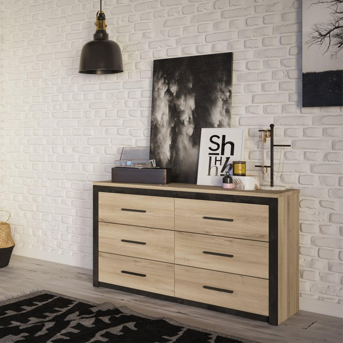 KOMMODE mit 6 Schubladen, Eiche und Schwarz Dekor L129 cm - Colorado - Eichefarben, Holzwerkstoff (41.8/77.1/41.3cm) - Calicosy