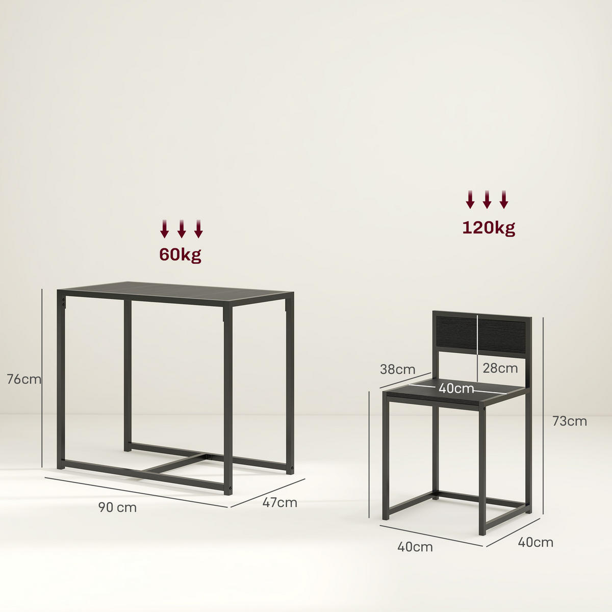 ESSTISCH- und Stuhlset, 3-teilig mit 2 stapelbaren Stühlen, für Küche, Wohnzimmer, Zuhause, schwarz - Brombeere, Metall (90/76/47cm)