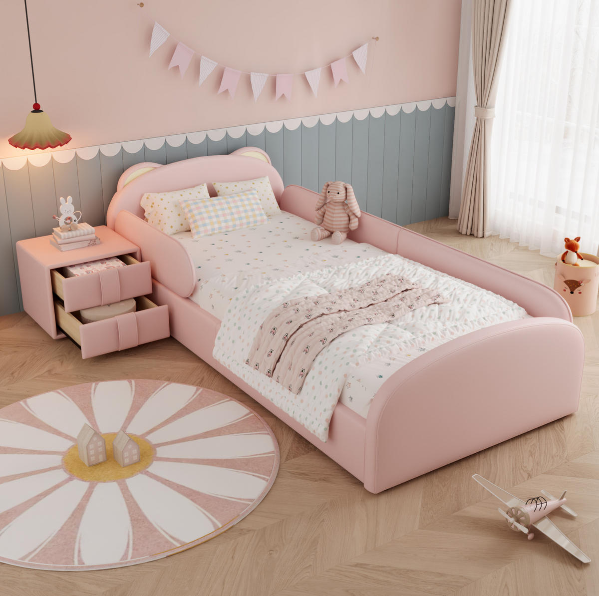 DETSKÁ posteľ 90/200 cm ružová s medvedím čelom a nočným stolíkom z PU a preglejky - ružová, textil (90/200cm) - OKWISH