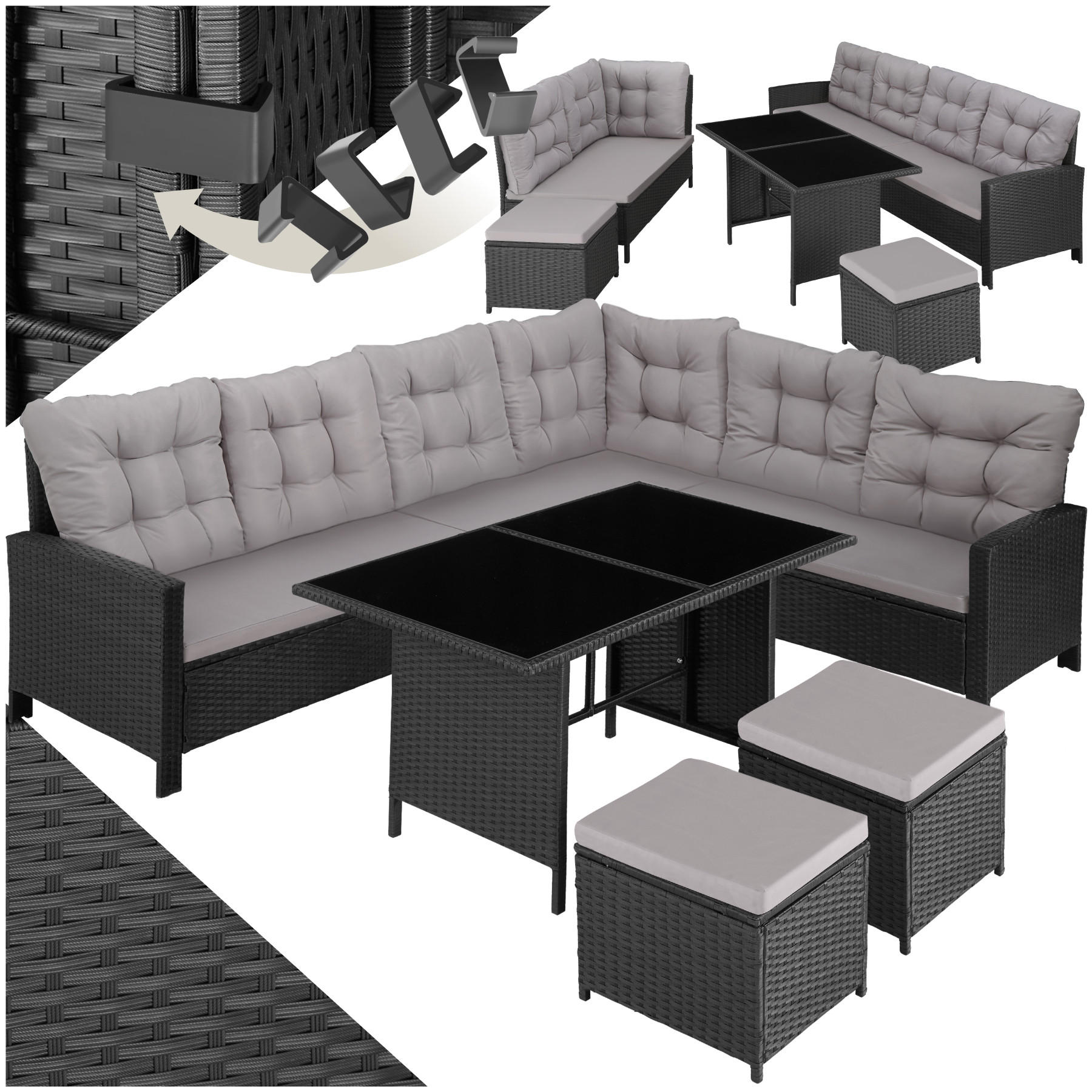 RATTANLOUNGE Barletta,mit Sicherheitsglasplatten,schwarz - Schwarz, Kunststoff - tectake