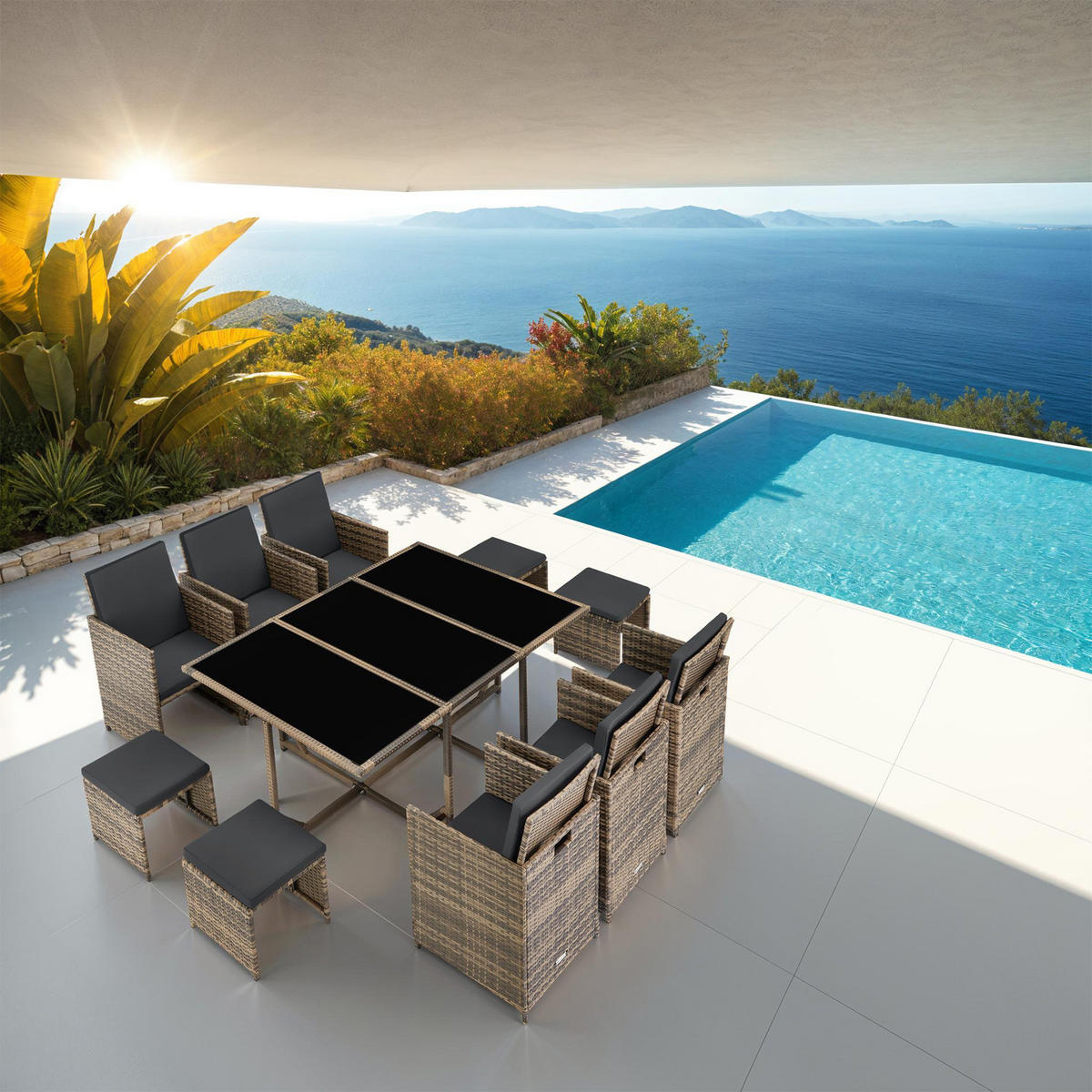 RATTAN SITZGRUPPE Malaga,zusammenschiebbar, inklusive Schutzhülle,natur - Naturfarben, Kunststoff - tectake
