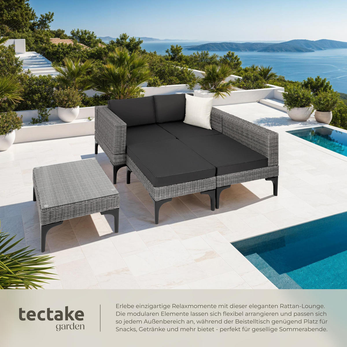 RATTANLOUNGE Konstanza,mit Sicherheitsglasplatte,grau - Grau, Metall - tectake
