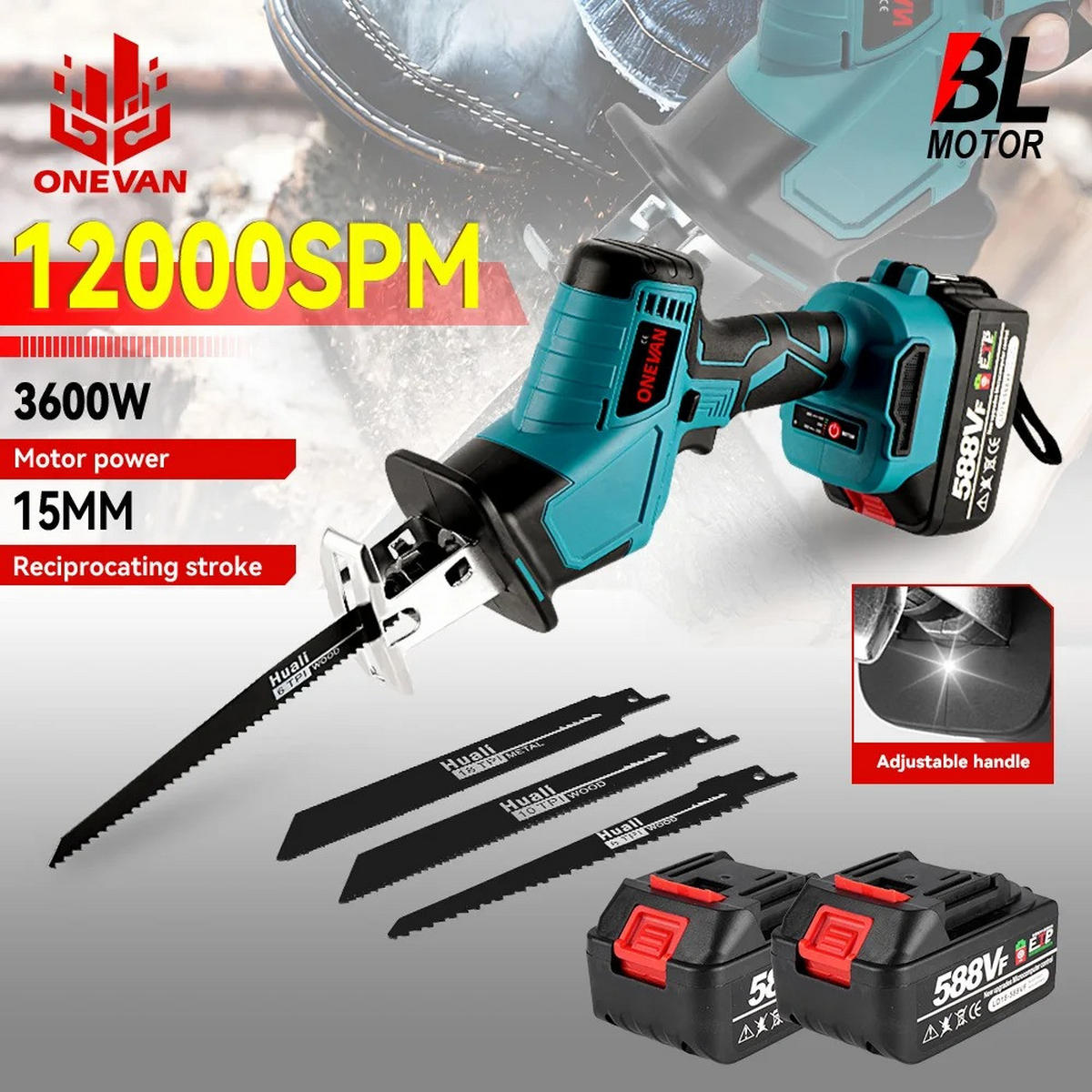 KETTENSÄGE Bürstenlose Blau Mit Sägeblatt Für Makita 18V batterie Pin Mit 2 Akkus - Blau, Metall (15/7/45cm) - Coonoor