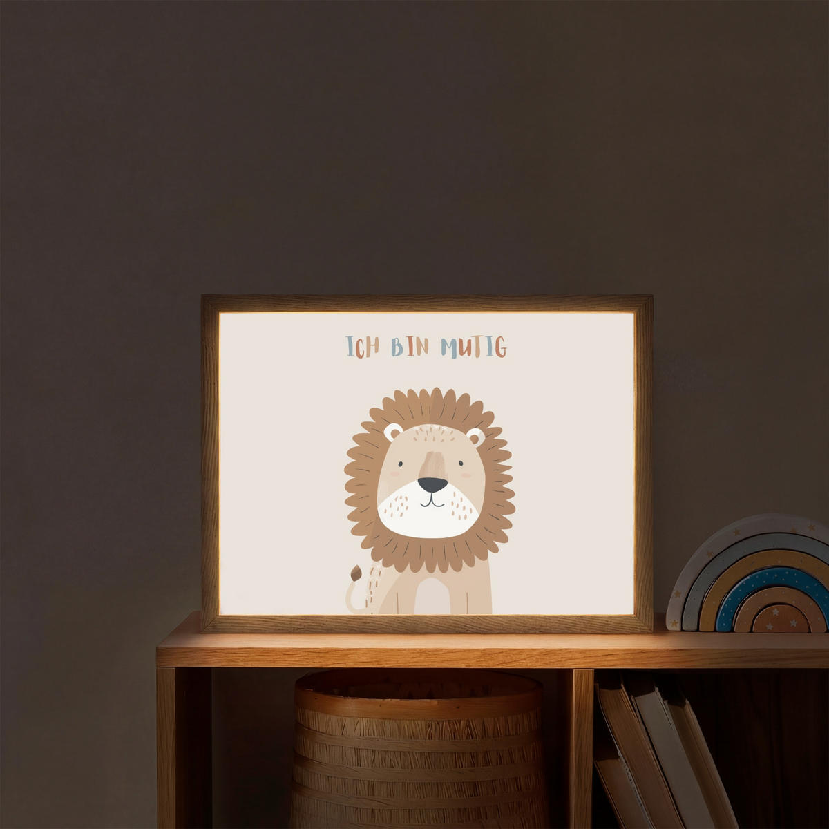 NACHTTISCHLAMPE MIT AKKU Löwe - Beige - Tier - Mutig - Zitat 40x30 cm - Beige, Holzwerkstoff (8/40/30cm) - OnlyWow