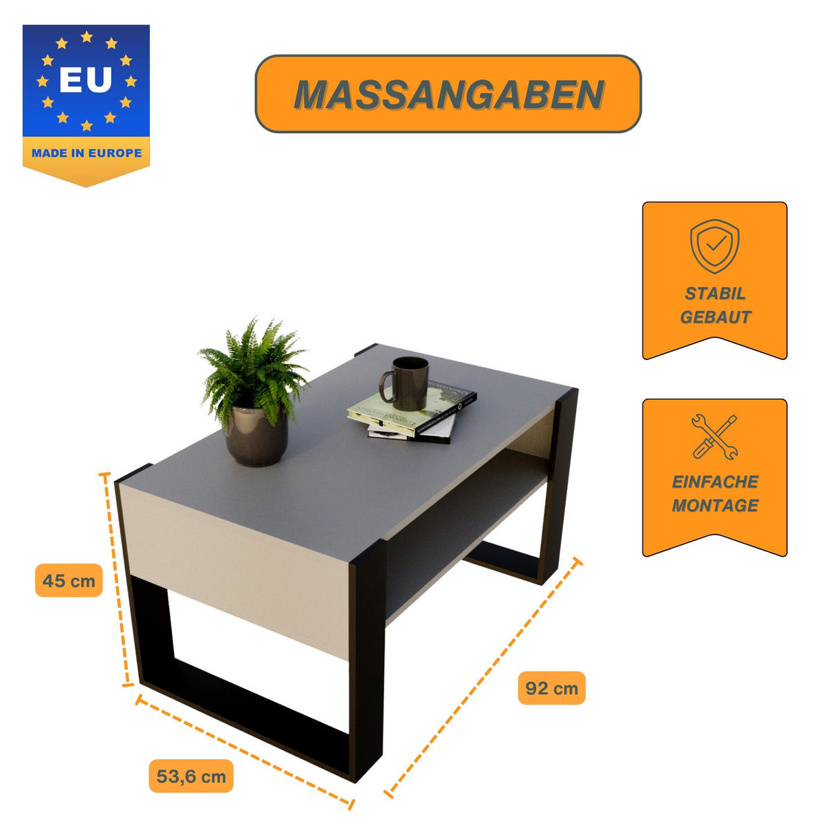 COUCHTISCH Holzwerkstoff rechteckig stabil Dunkelgrau 45/53,6/92cm - Dunkelgrau/Schwarz, Holzwerkstoff (53.6/92/45cm) - CraftPAK