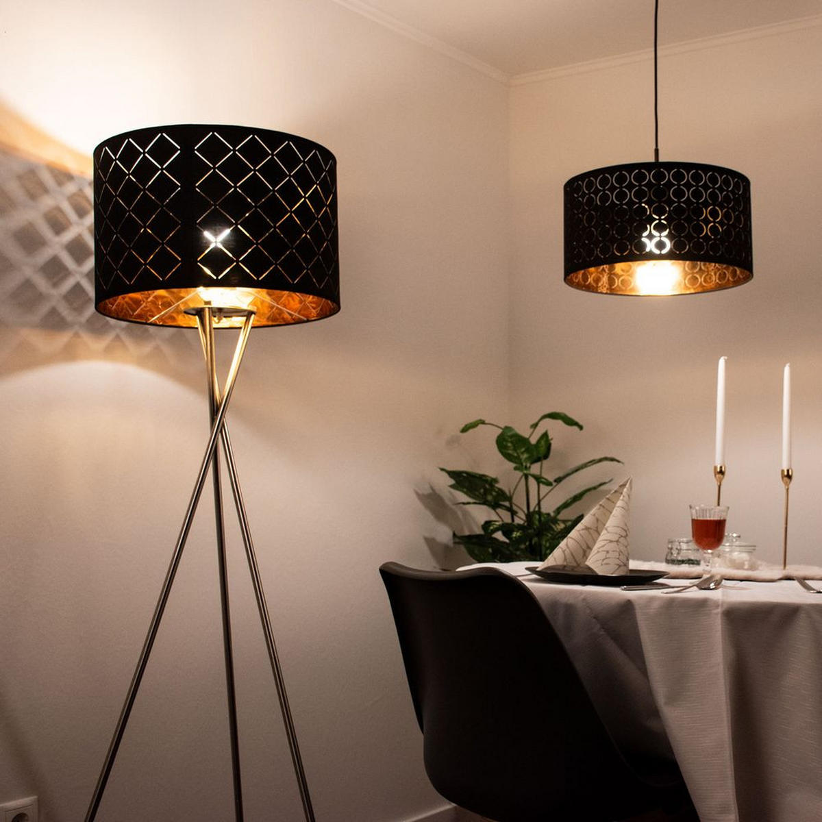 LED STEHLEUCHTE Metall Textil Schwarz Gold - Schwarz, Metall (62/62/160cm) - Globo Lighting