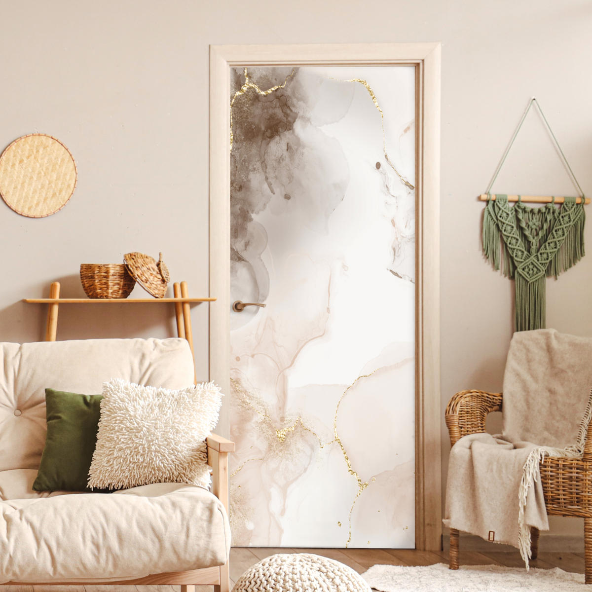 TÜRAUFKLEBER Marmor - Braun - Linie 85x215 cm - Türtapete - Champagner, Kunststoff (85/0.1cm) - MuchoWow