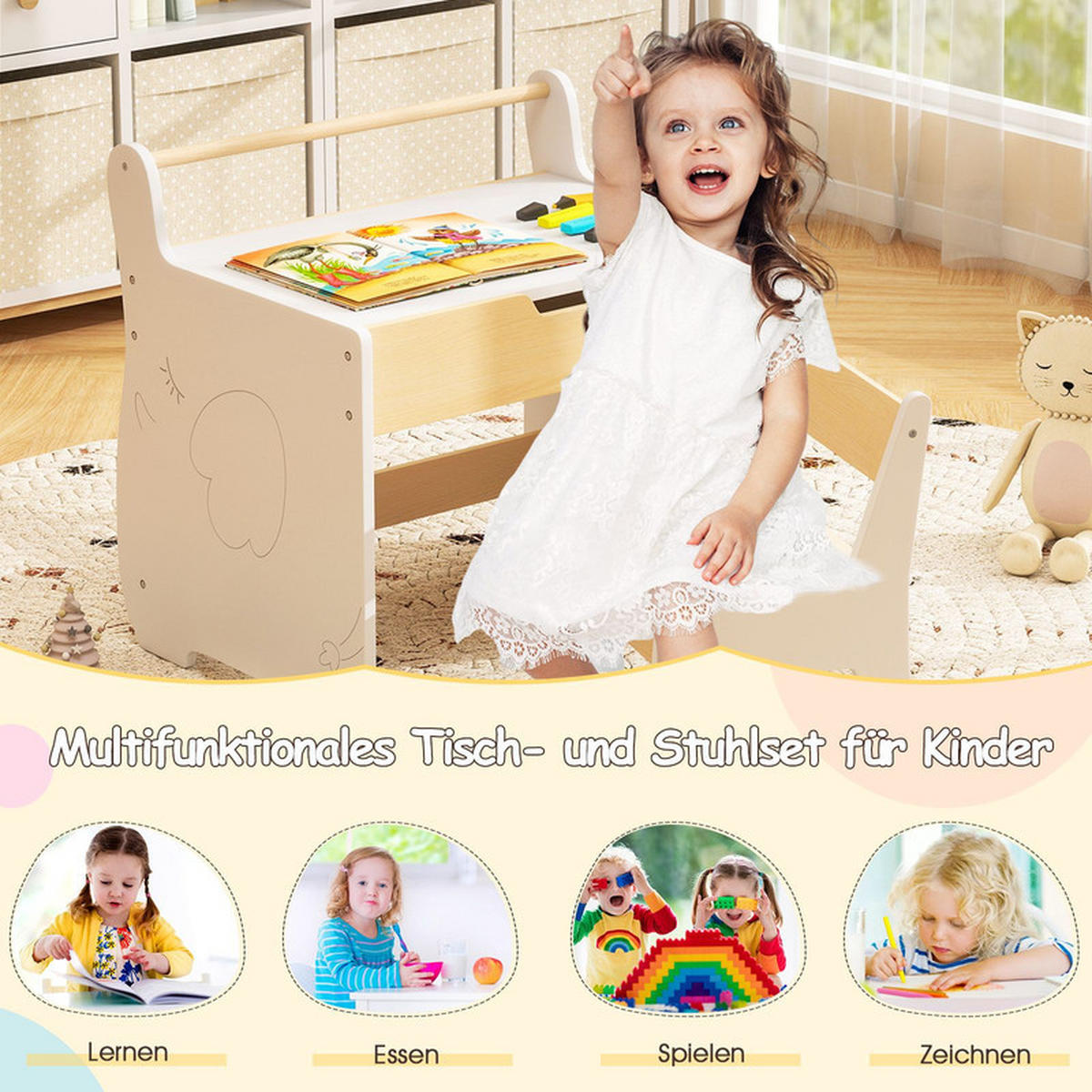 KINDERTISCH mit Stuhl weiß(2-tlg) - Weiß, Holzwerkstoff (61.5/59/47cm) - COSTWAY