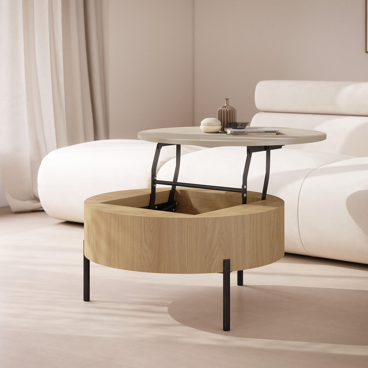 COUCHTISCH rund aufklappbar höhenverstellbar Stauraum 79/79/42 cm - Eichefarben/Beige, Holzwerkstoff (79.5/79.5/42.7cm) - designimpex