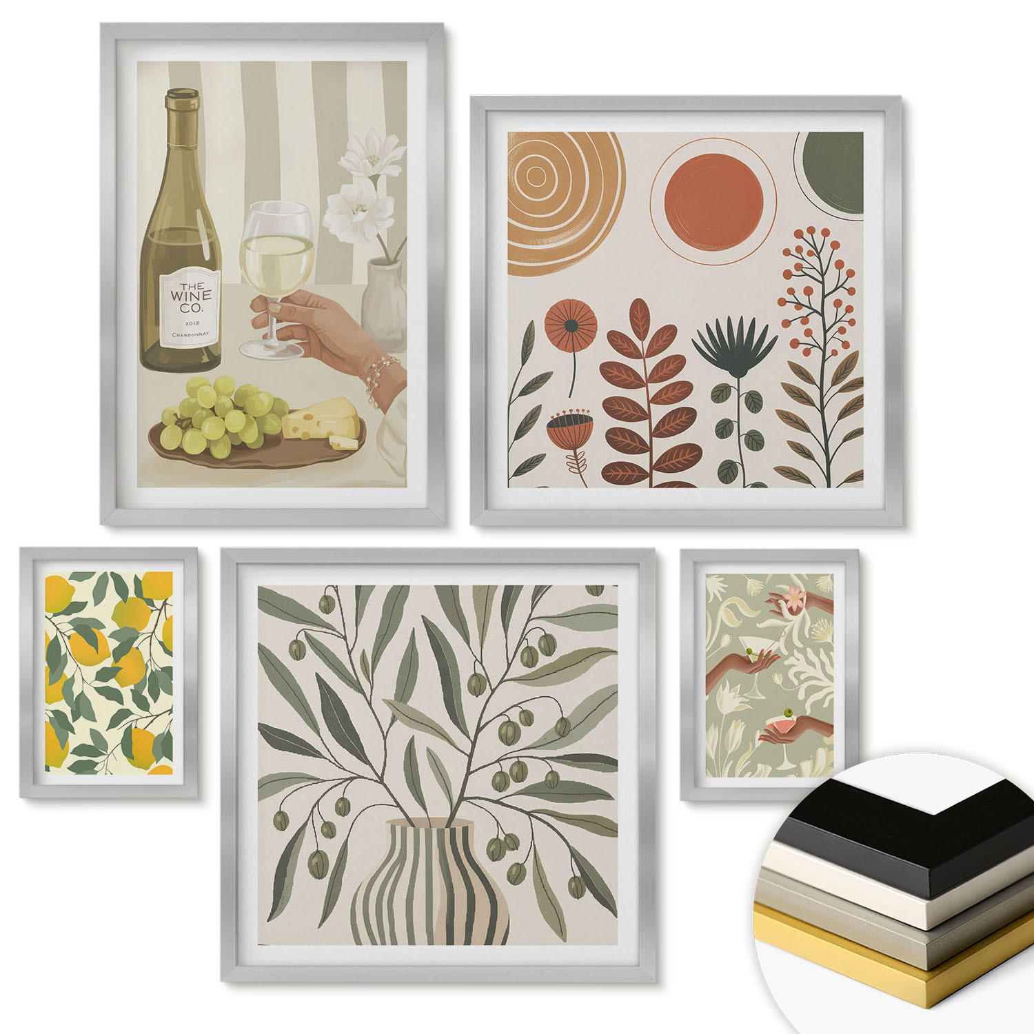 WANDBILDER 5er Set - 50x50 cm & 20x30 cm & 40x60 cm Silberner Rahmen - Blumenmuster in Orange und Grün - Silberfarben, Kunststoff (40/60cm) - ArtPrintCave