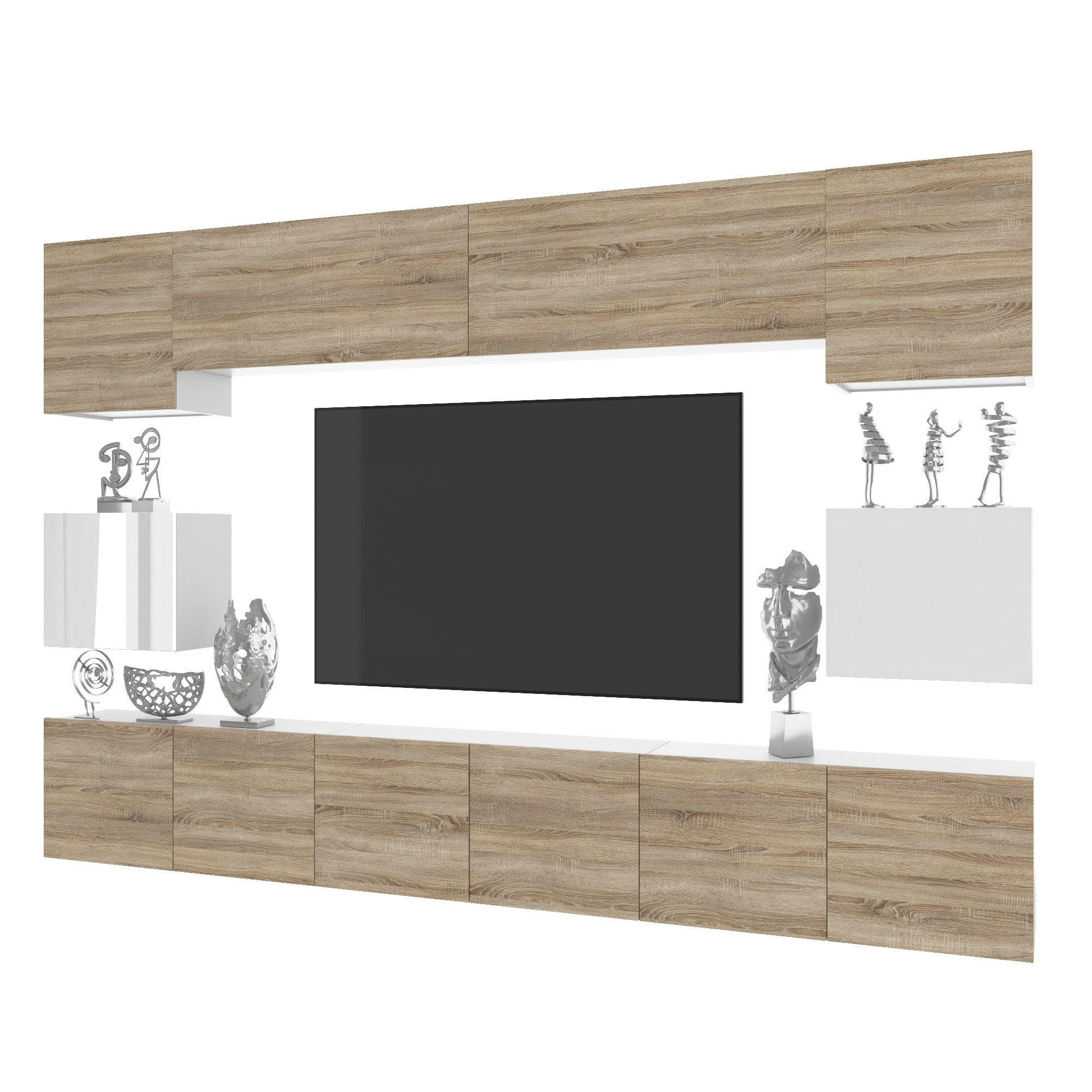 WOHNWAND Milano 3, Sonoma Eiche/Weiß, 300 cm, Grifflos - Sonoma Eiche, Holz (300/60/36cm) - B BELINI GROUP