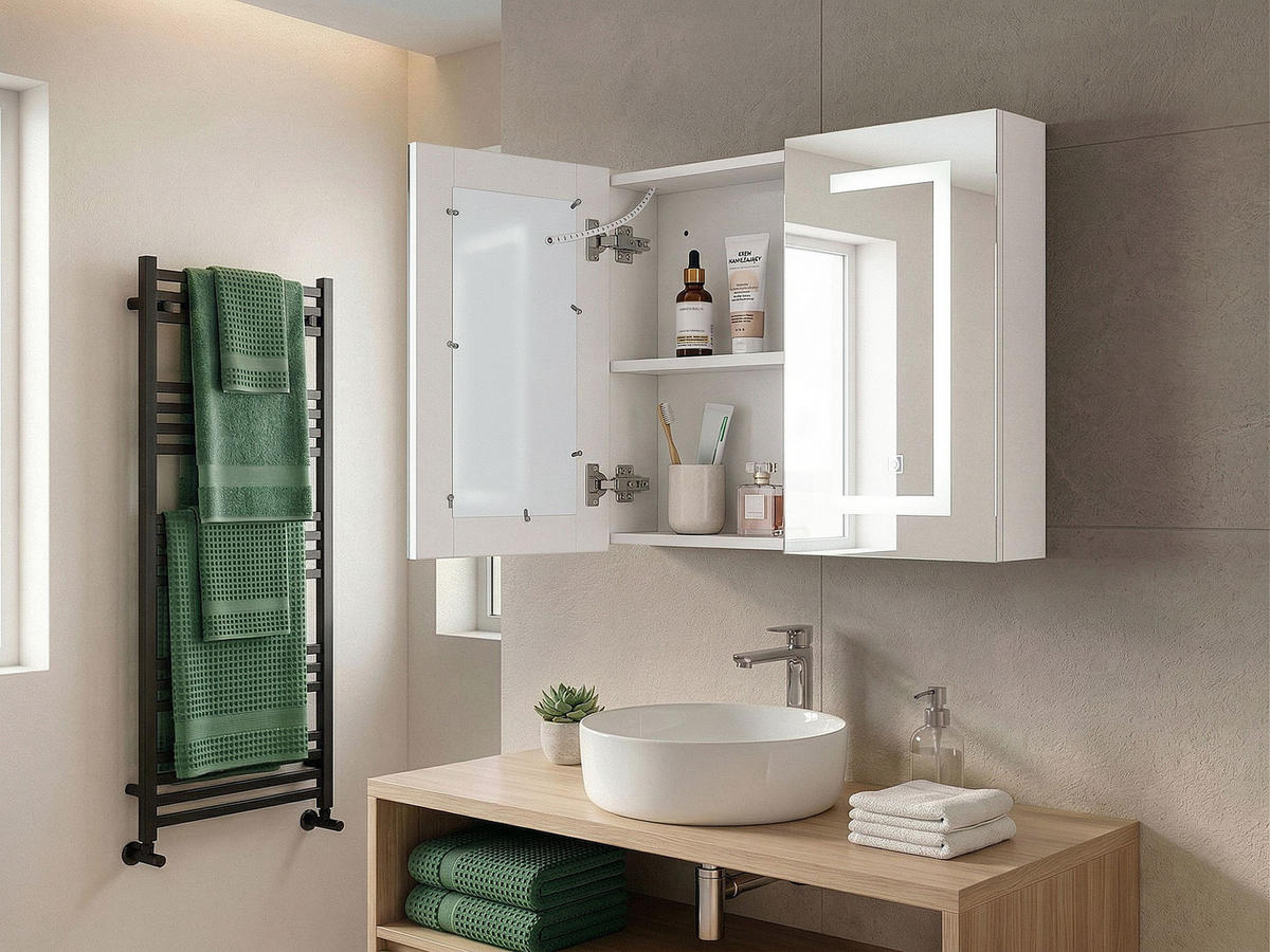 BAD SPIEGELSCHRANK weiß/silber mit LED-Beleuchtung 60/60 cm Mazarredo - Silberfarben/Weiß, Holz/Holzwerkstoff (60/60/12cm) - Beliani