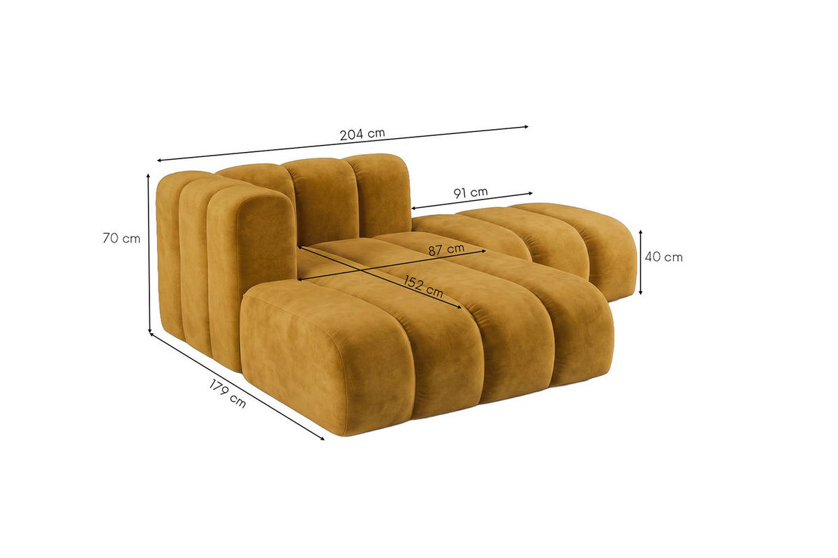 CHAISELONGUE Modulare Mit Hocker, Velvet-Stoff Riviera, Senffarbe, Links, GRAND - Gelb, Holz (204/179cm) - Kaiser Möbel