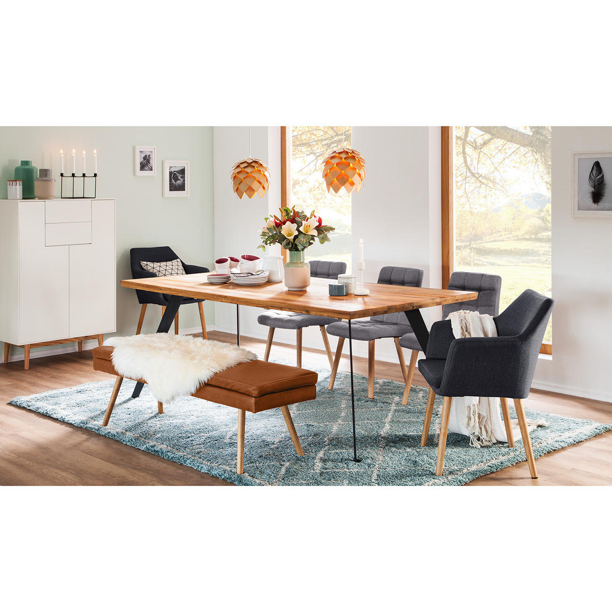 HIGHBOARD mit 2 Schubladen - Eichefarben/Weiß, Holzwerkstoff (80/128/45cm) - home24