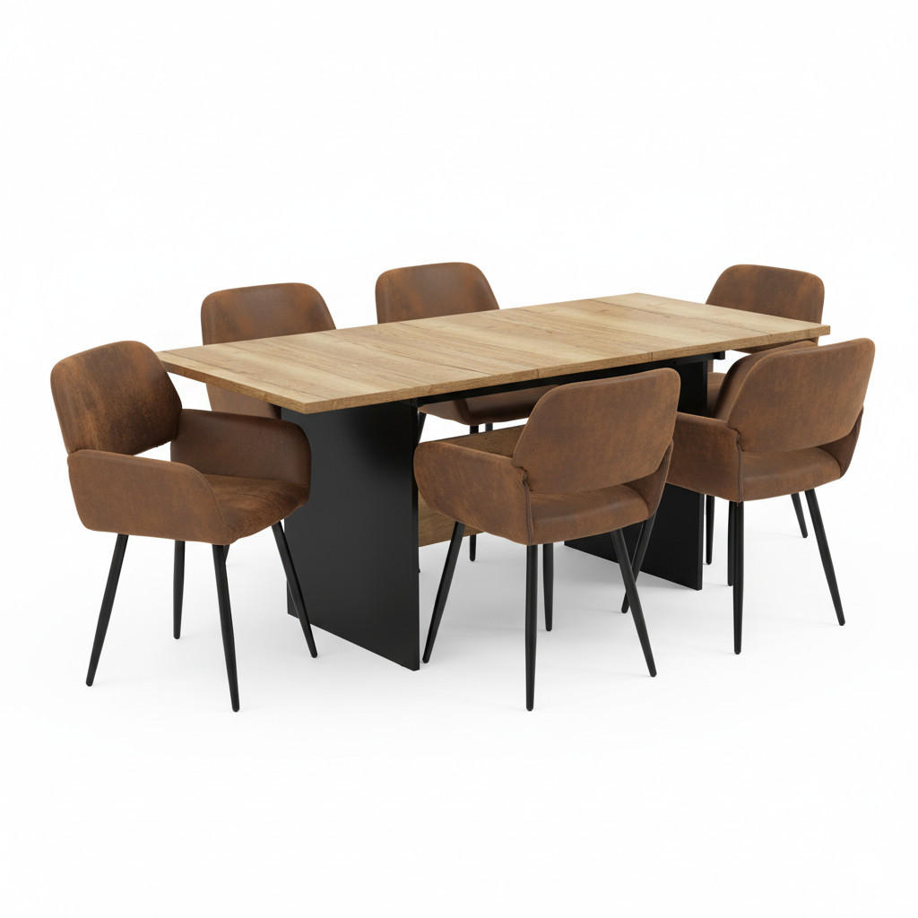 TISCHGRUPPE 7-teilig Ausziehtisch 140–180 cm Eiche-Schwarz & 6x 360° Drehstühle - Schwarz/Eiche San Remo, Holzwerkstoff/Textil (180/75/80cm) - Urban Meuble